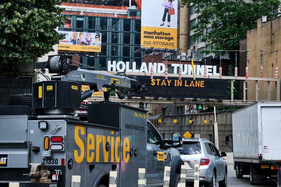 View of vehicles entering the Holland Tunnel in Jersey City with visible road signs and service trucks.